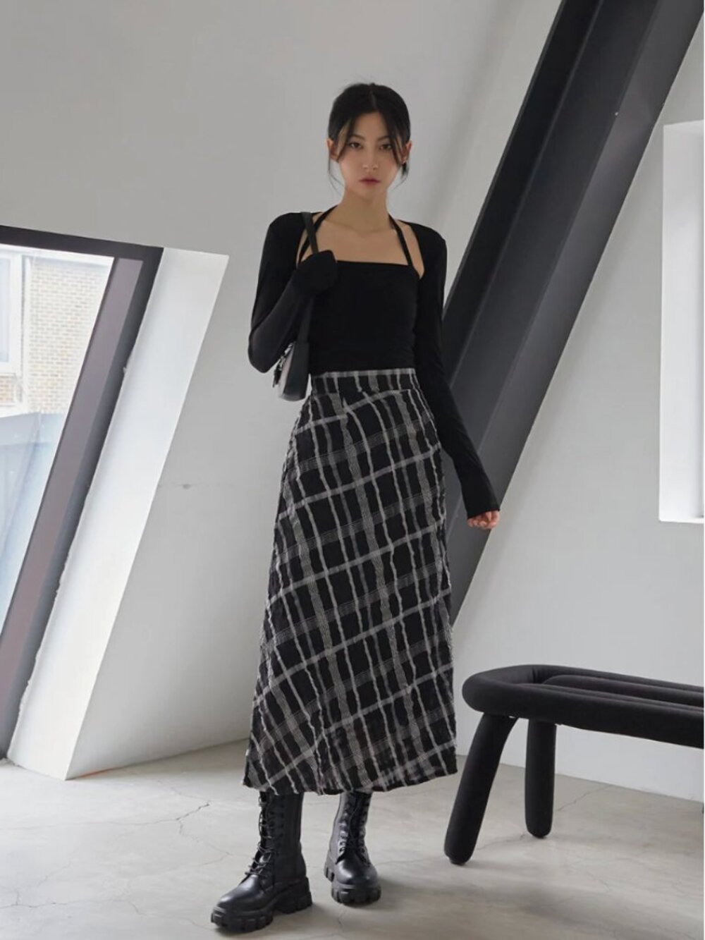Lewkin Checked Pattern Maxi Flare Skirt - Picture 2 of 4
